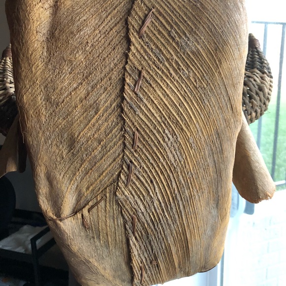 Folk Art Hanging BULL BASKET/PLANTER Made From Wood Wicker Bark Fiber Feathers & - Picture 9 of 16